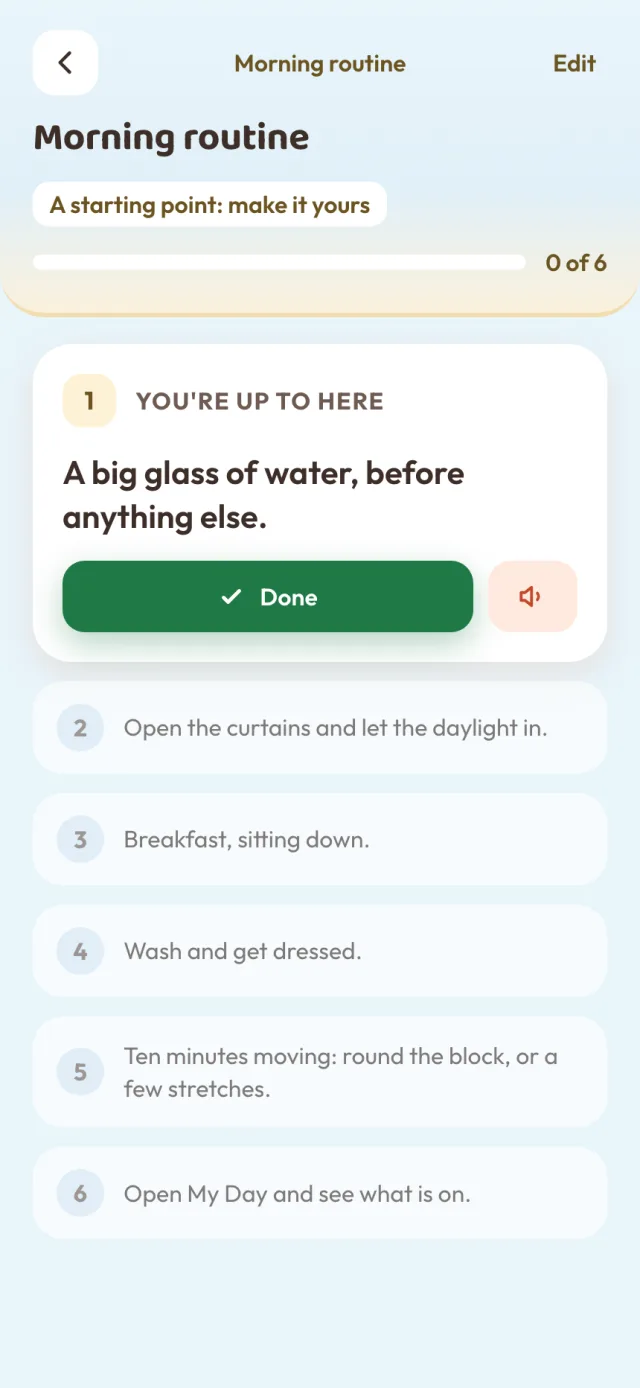 Morning routine, a starting point: a big glass of water before anything else, then open the curtains, breakfast, wash and get dressed