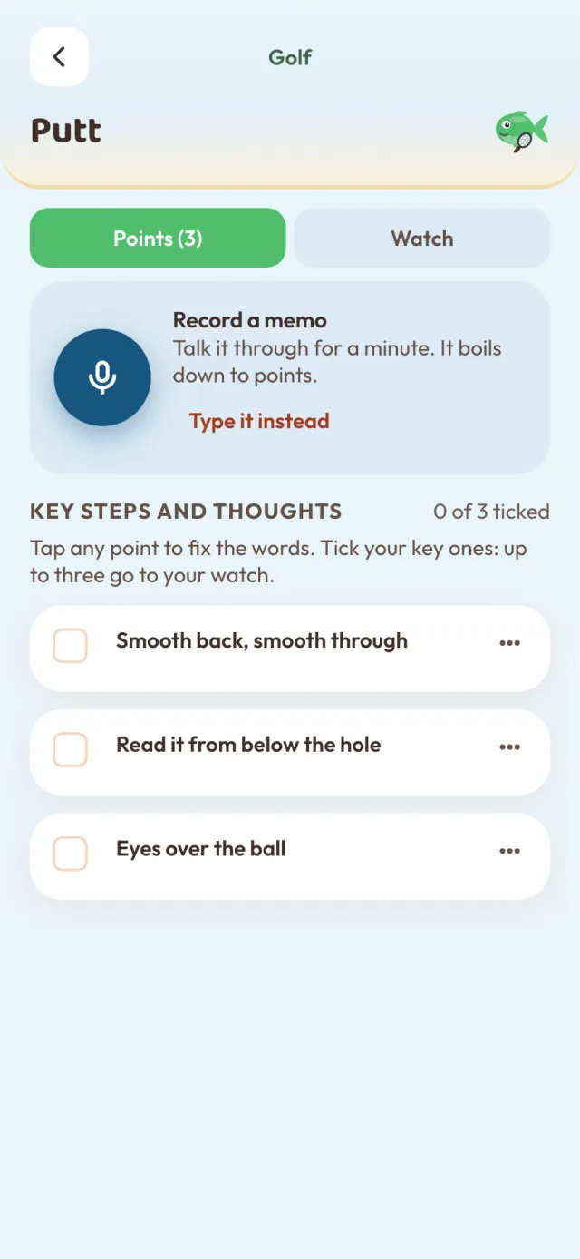Golf, Putt: Smooth back, smooth through. Read it from below the hole. Eyes over the ball
