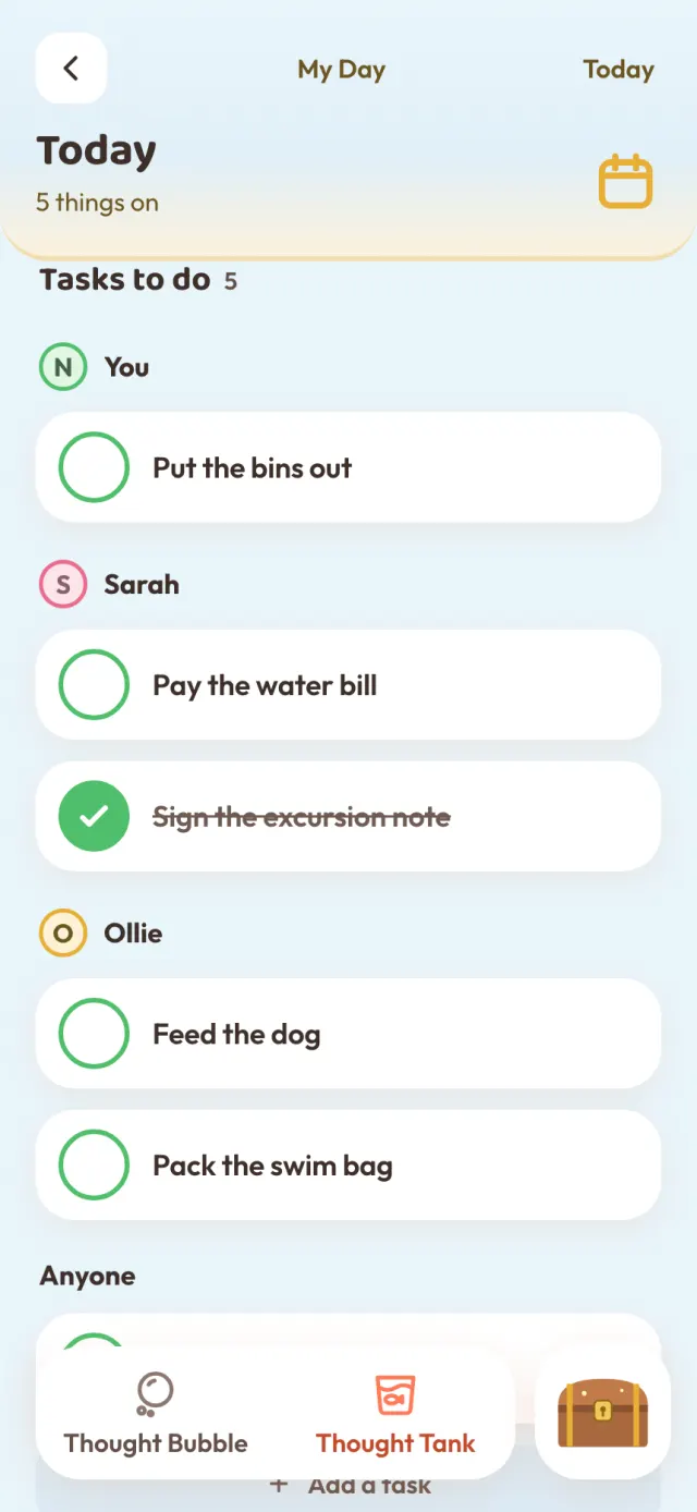 Tasks to do, by person: Put the bins out for you, Pay the water bill for Sarah, Feed the dog for Ollie