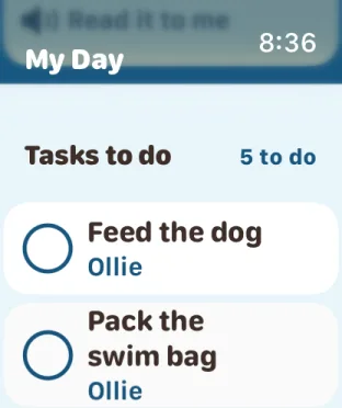 Tasks to do on the watch: Feed the dog and Pack the swim bag, for Ollie, with a circle to tick
